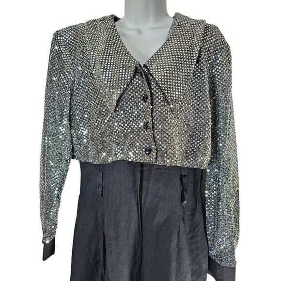 Vintage 80s Jumpsuit Womens Size Medium Black Silver Sequins Faux Tuxedo Rayon - Picture 1 of 8